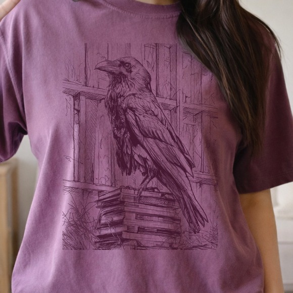 Comfort Colors Tops - Bird on Books Graphic Tee Ink Sketch Artistic Design